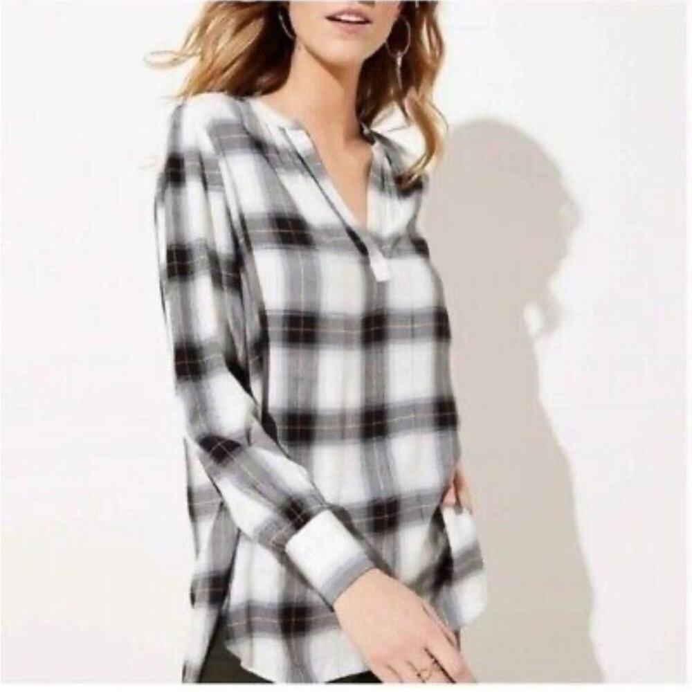 Ann Taylor LOFT Metallic Tartan Plaid Split V-Neck Tunic Shirt Black Size S